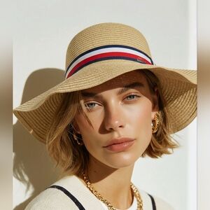 Tommy Hilfiger Straw Wide Brim Hat 7.5 in Diameter 5 in Brim Great Condition